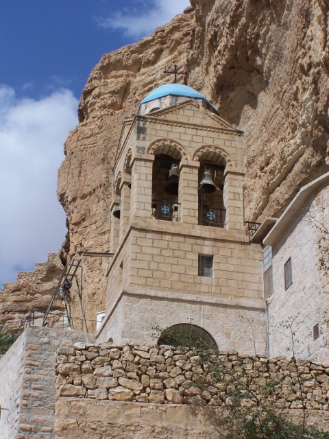 Wadi Qilt - Bell tower to St. Georges.  This monastary remembers the parable of the good Samaritan.  Note that the parable described what happened(s) along the Ascent of the Addumin,  right where this is at.)