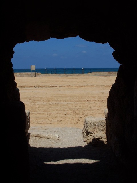 Ceaserea - Looking through the Hippodrome entrance past the race track to the Mediteranian.