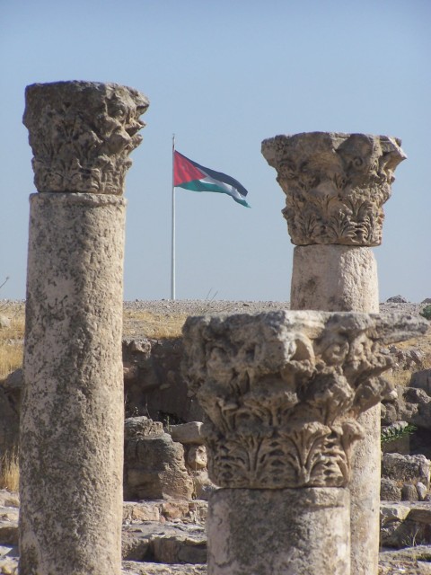 Ammon Citadel - Jordanian flag,  waving in the background